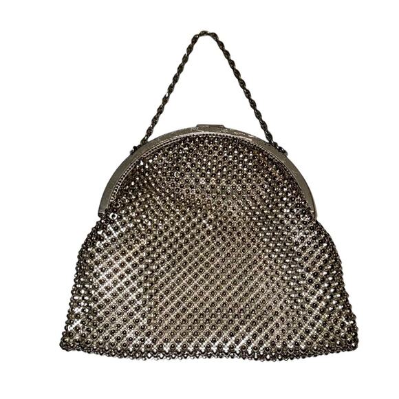 VINTAGE Whiting & Davis Crystal Embellished Silver Mesh Handbag Wristlet - Picture 2 of 4